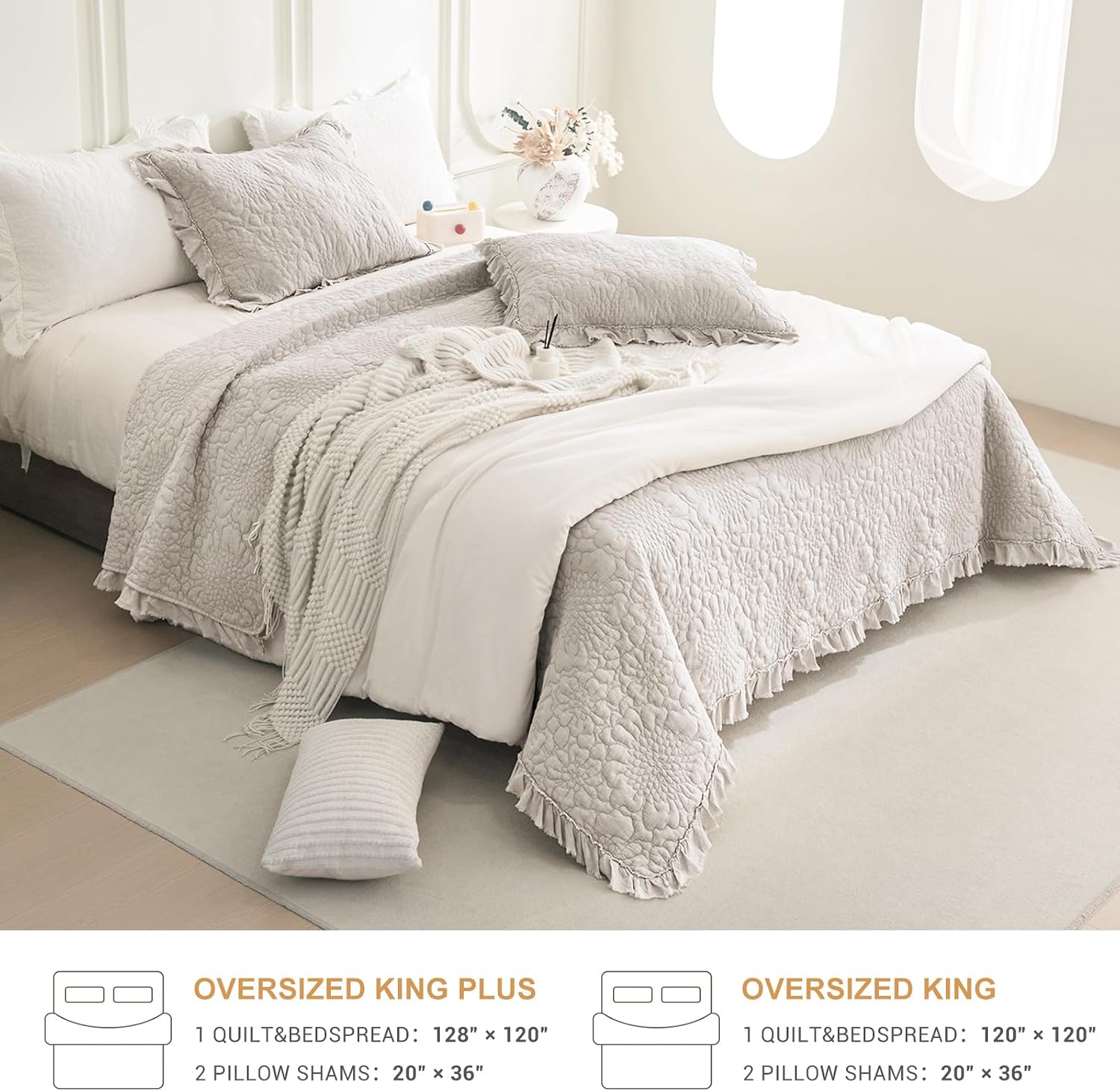 QSH Light Wheat Oversized King Quilt Bedspread Set(120'x120'),3PCs Stonewashed Cotton Ruffled Quilt California King,Ultra Soft Lightweight Crinkled Shabby Farmhouse Chic Bedspread Coverlet Bedding Set