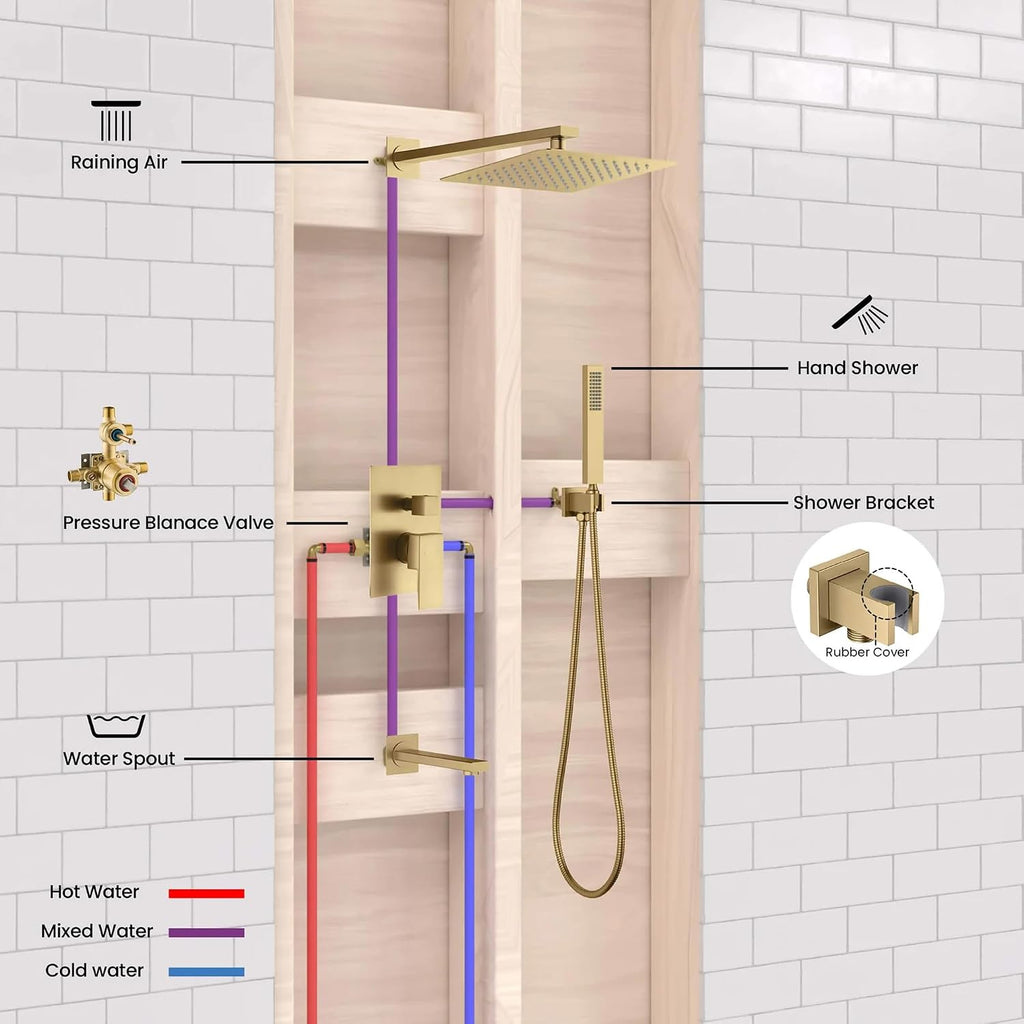KIBI Cube 3-Function Brushed Brass Wall Mounted Bathroom Shower System | Solid Brass Pressure Balanced Valve Bath Faucet Set | 15-inch Shower Arm | Handheld Waterfall Shower Mode (KSF406)