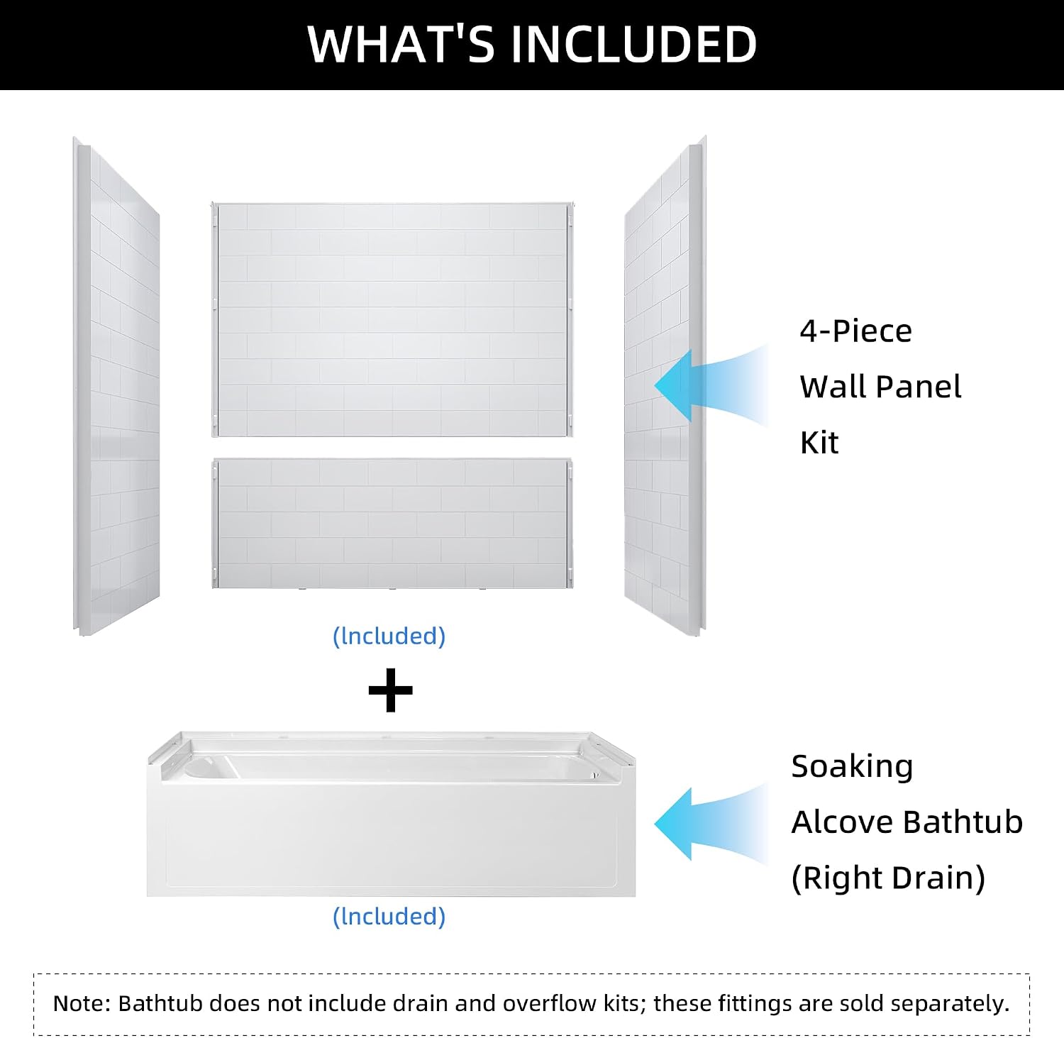 WOODBRIDGE 60' x 32' 4-Piece Direct-to-Stud Alcove Tub Surround, 1-3/4 inch (44mm) Thick, with Right-Drain Hole Soaking Bathtub Combo in White