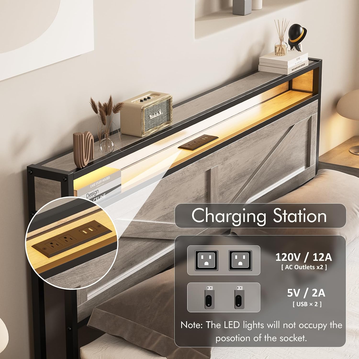 Halitaa LED Queen Size Bed Frame with Charging Station & 4 Drawers, Platform Metal Bed with Headboard USB Ports Outlets, Farmhouse Bed Frame with LED Lights, Noise Free, Wash Grey (Queen)