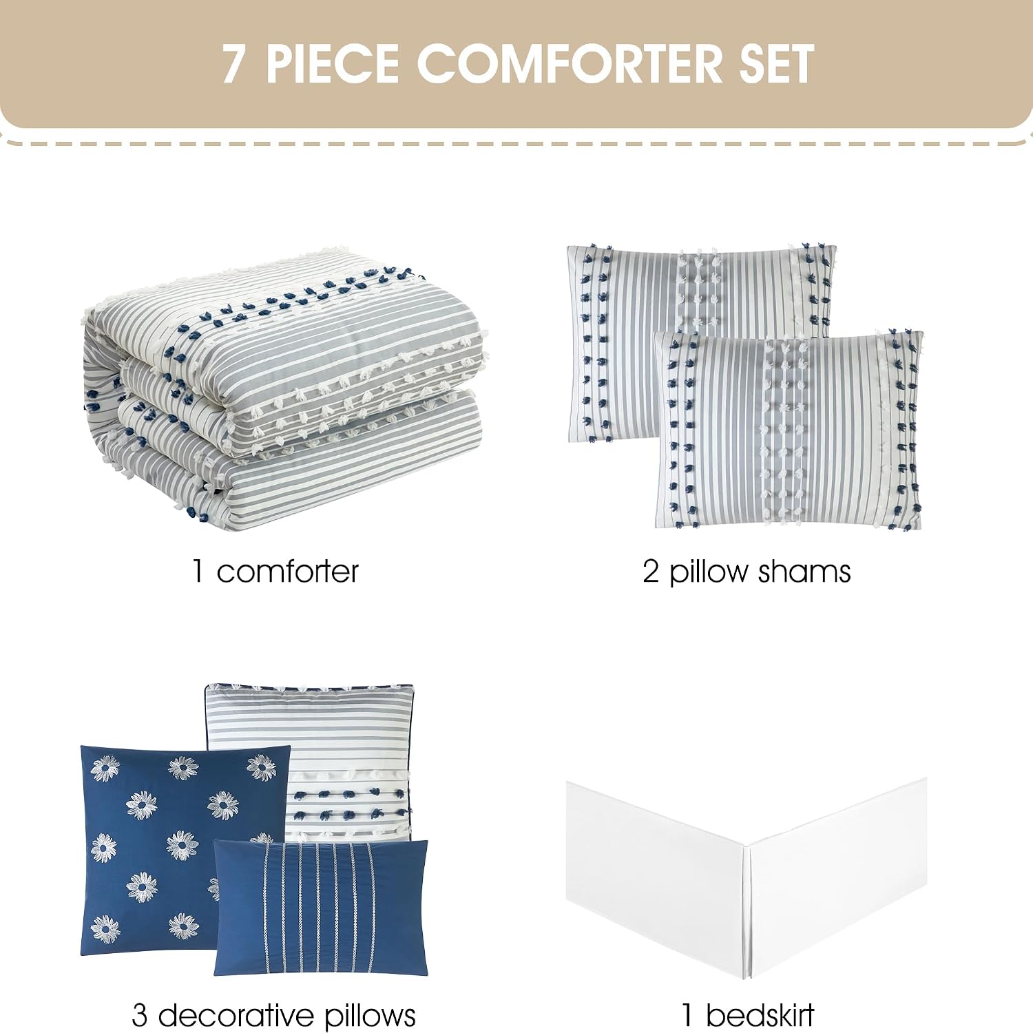 Stratford Park Blue Striped Dots King Size Comforter Sets, 7 Piece, Jaquard & Clip Bedding Sets & Collections, Bedskirt, Pillows & Shams, All Season Bedding Set