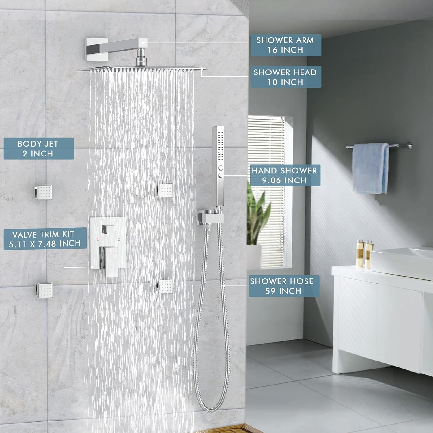 Shower Faucets Sets Shower System with Body Jets, Bostingner 10' Rain Shower Head with 2 In 1 Handheld Spray and 4 Jets, Wall Mounted All Metal 3 Way Shower Set with Valve and Trim Kit,Brushed Nickel