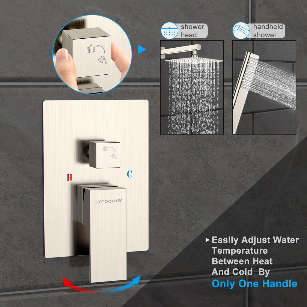 Rain Shower Faucet with 24 Inch Shower Drain, EMBATHER 10 Inch Overhead Rainhead Shower Combo Set With Handheld Linear Shower Drain 24 Inch Floor Drain with Removable Quadrato Pattern Grate