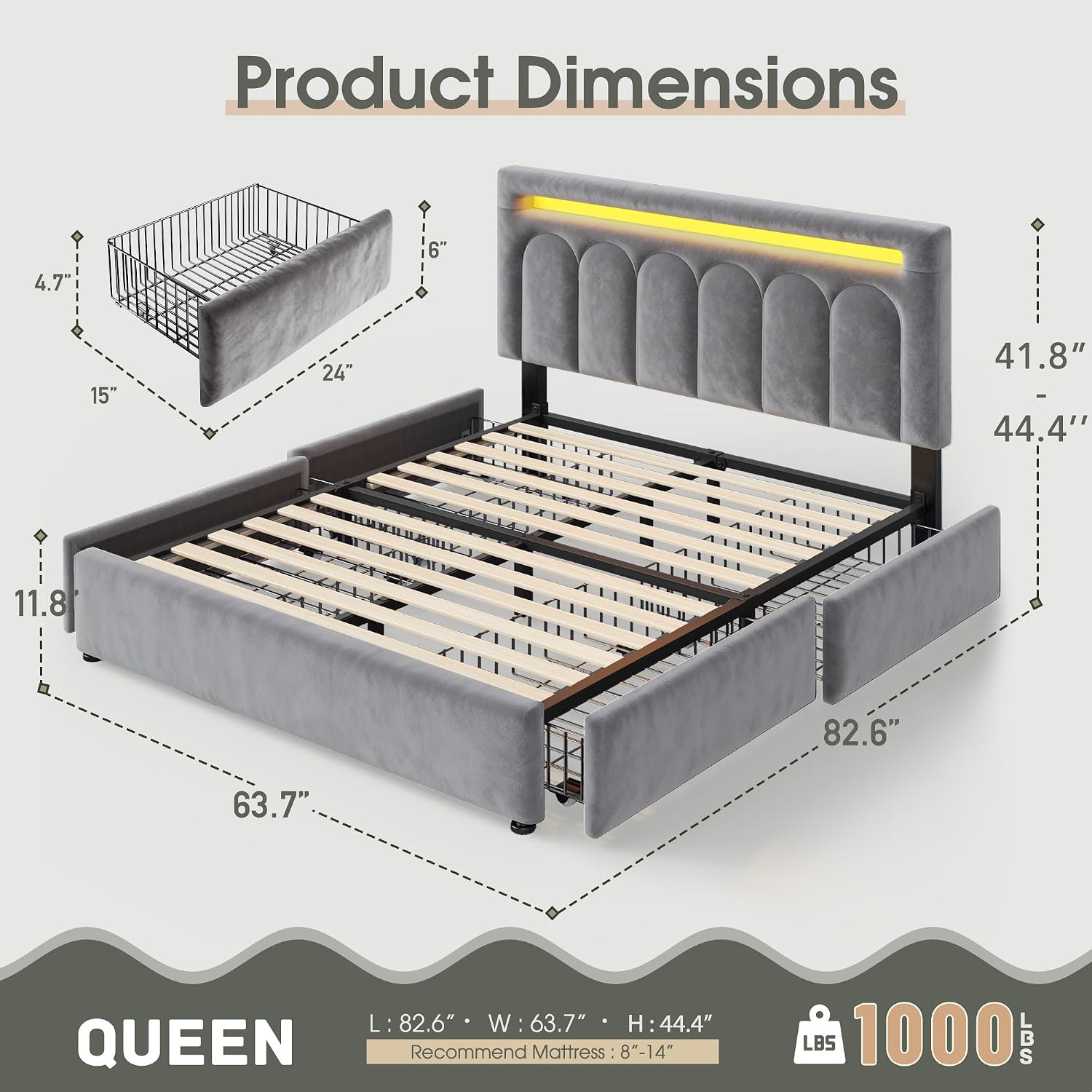 Homkdom Velvet Upholstered Queen Bed Frame with 4 Storage Drawers, Vertical Arched LED Headboard, Sturdy Wood Slats Support, No Box Spring Needed, Grey