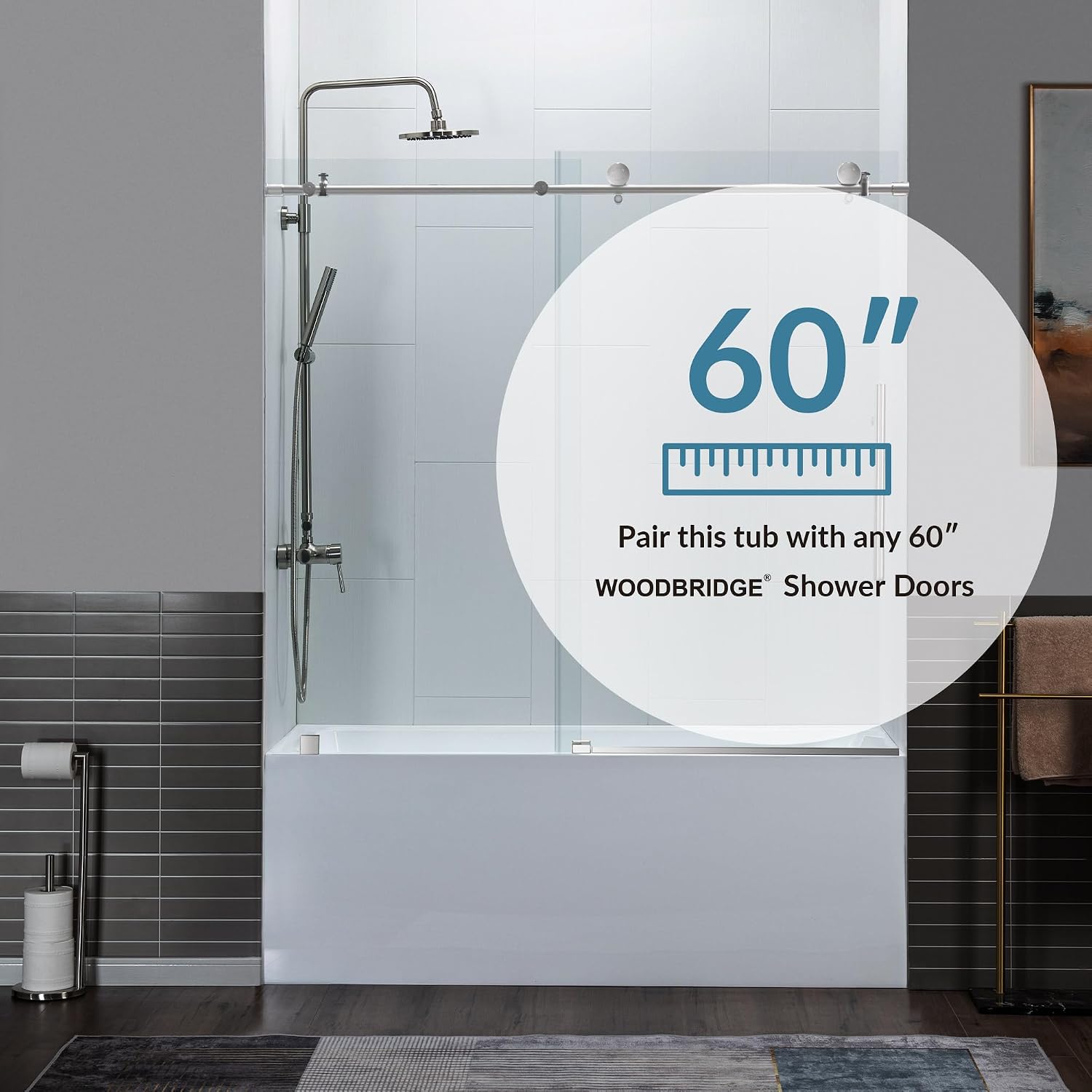 WOODBRIDGE 60' Acrylic Rectangular Alcove Soaking Bathtub in White with Left Drain, Matte Black pop-up Drain Included, LB428-L