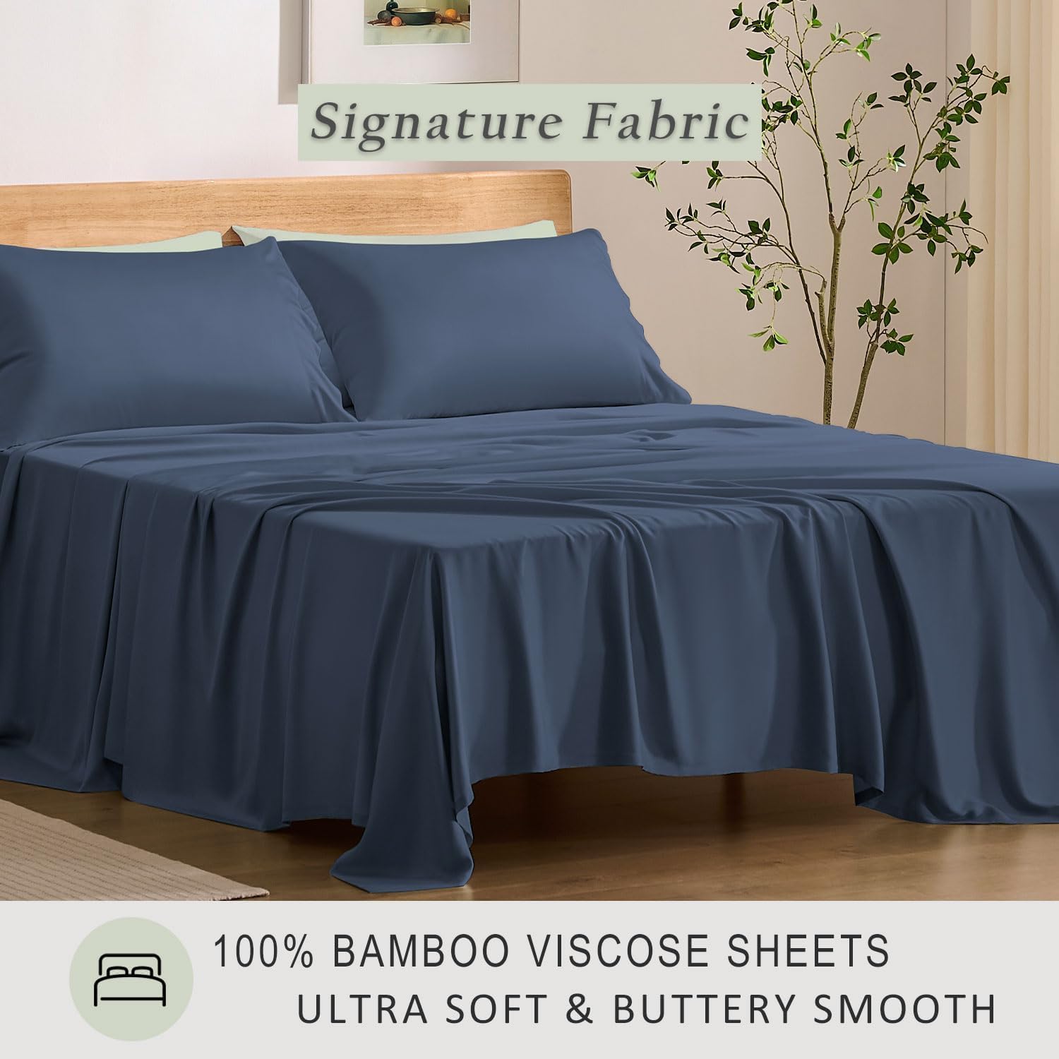TOSMO Luxury Cooling Sheet Set | 100% Viscose from Organically Grown Bamboo | FSC® Certified | Queen Size | 18' Deep Pockets | Silky Soft Natural Bedding for Hot Sleeper [Slate]
