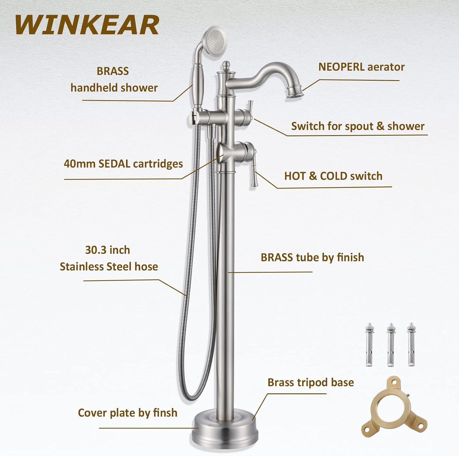 Roman Bathroom Faucet Set, Centerset Sink Faucet 2 Hole with Pop Up Drain, Free Standing Tub Faucet Filler with High Pressure Handheld Shower, Brushed Nickel