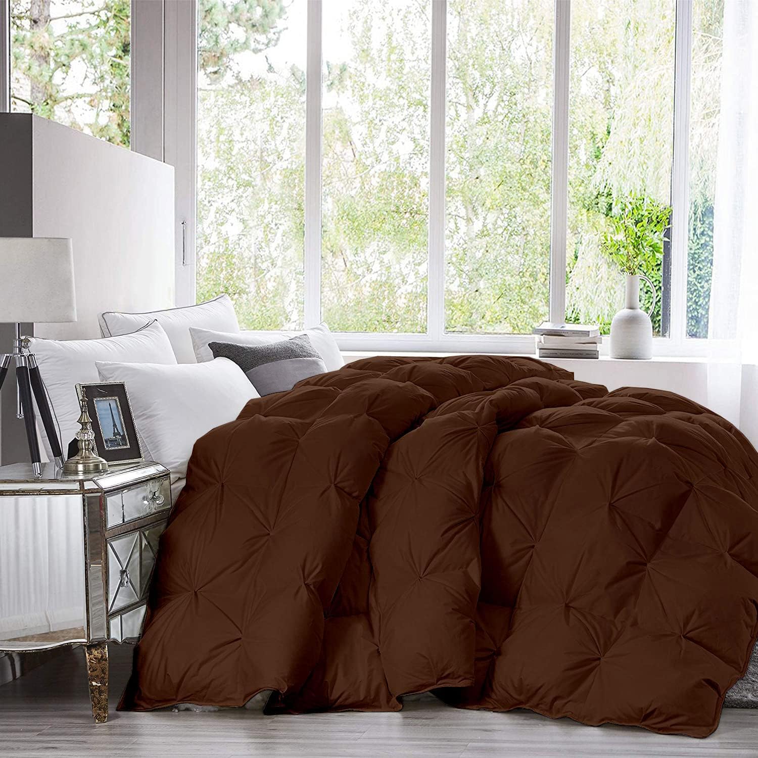 Pinch Pleated Chocolate 5 Piece Soft 500 GSM California Queen Size Comforter Set (Comforter + 4 Pillowcases) 1000 Series Egyptian Cotton Comforter Set