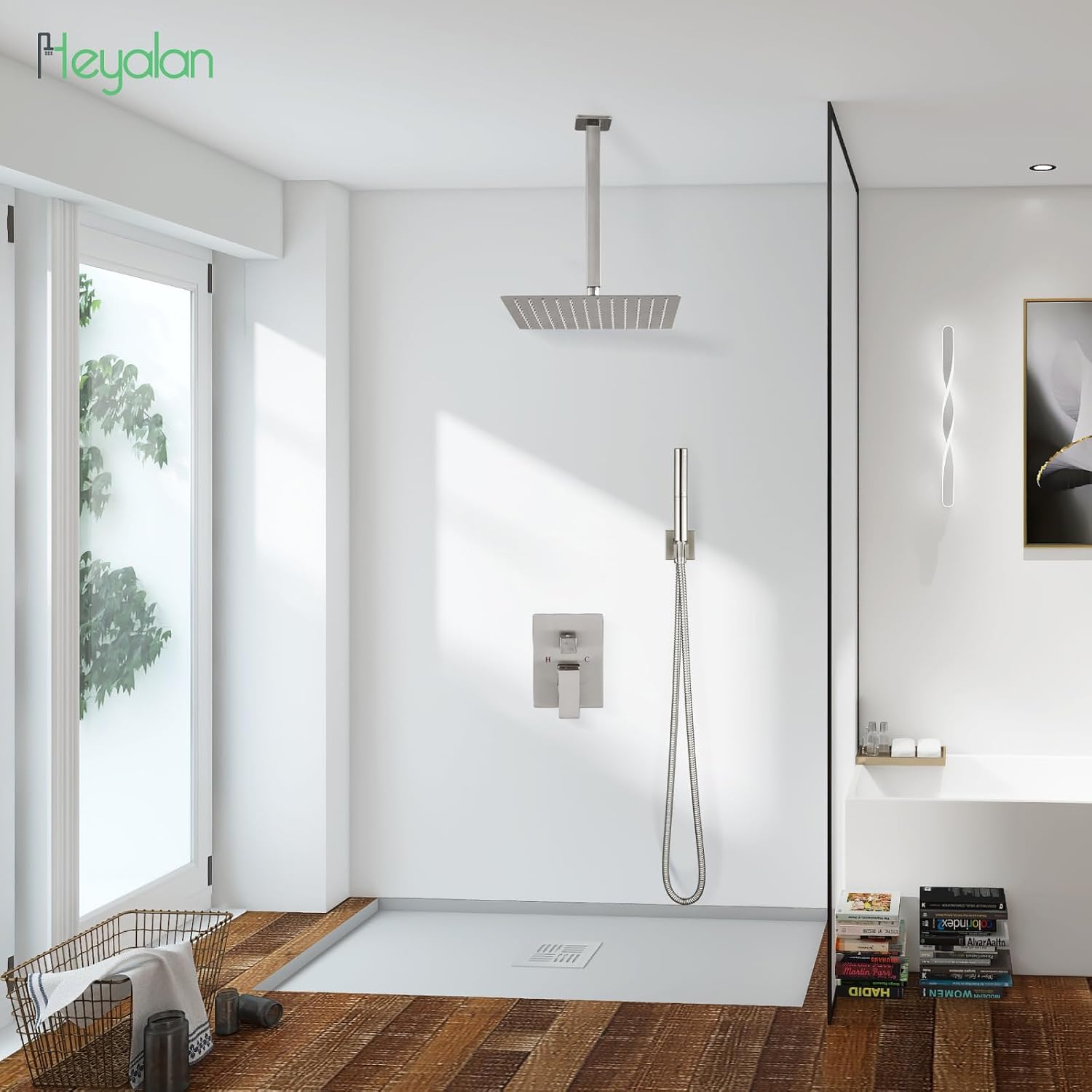 Heyalan Shower System Brushed Nickel Ceiling Mount 12 Inch Square Rain Shower Head 2 in 1 Handheld Shower Sprayer Rough in Valve Bathroom Rainfall Showerhead Combo Set