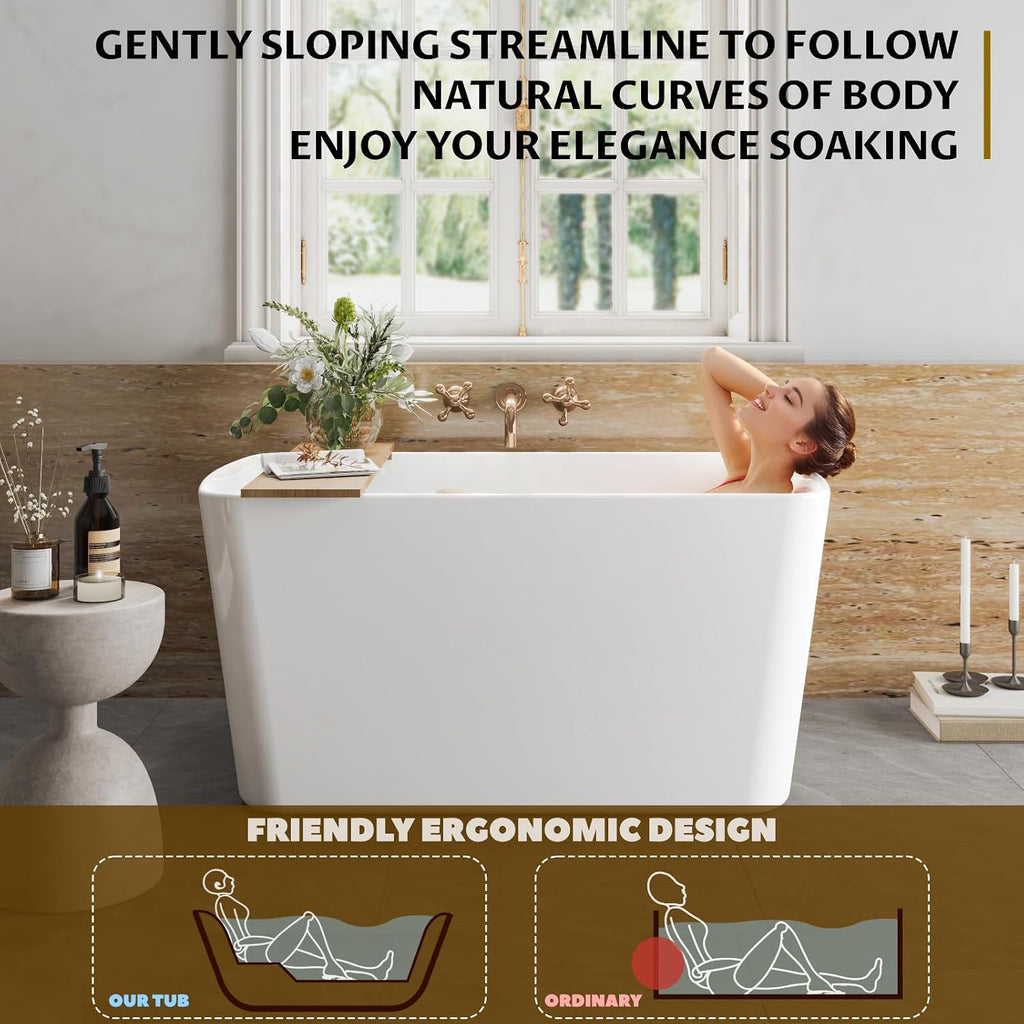 49 Inch Freestanding Bathtub Acrylic Compact Soaking Tub with Chrome Drain & Overflow, Space-Saving Sit-In Design for Small Bathrooms, Modern Glossy White