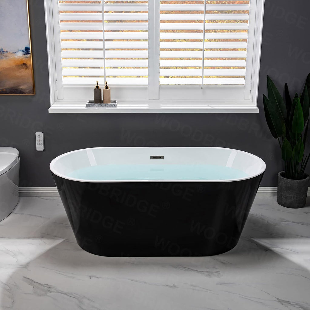 WOODBRIDGE 59' Acrylic Freestanding Bathtub Contemporary Soaking Black Tub with Brushed Nickel Overflow and Drain，B1814-BN
