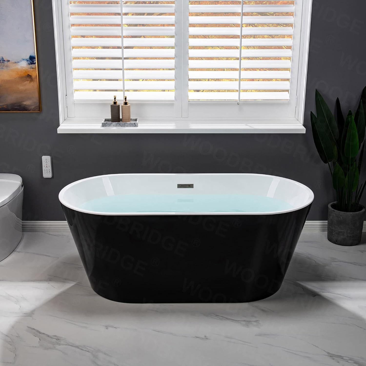 WOODBRIDGE 59' Acrylic Freestanding Bathtub Contemporary Soaking Black Tub with Brushed Nickel Overflow and Drain，B1814-BN