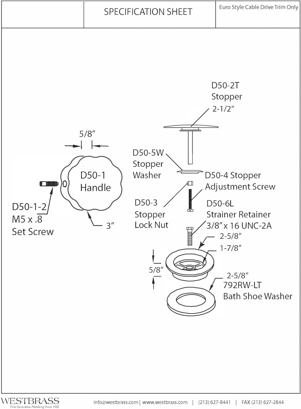 Westbrass D50TE-50-62 Standard 1-1/2' Replacement Trim for Cable Drive Bath Drain Waste & Overflow Assemblies, Matte Black (50-Pack)
