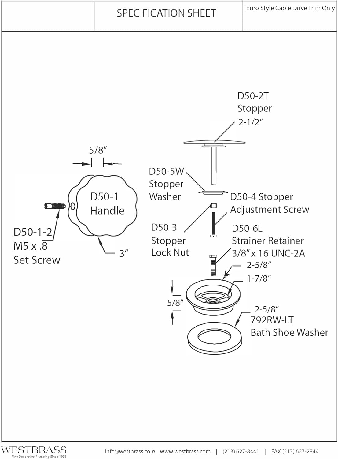 Westbrass D50TE-50-62 Standard 1-1/2' Replacement Trim for Cable Drive Bath Drain Waste & Overflow Assemblies, Matte Black (50-Pack)