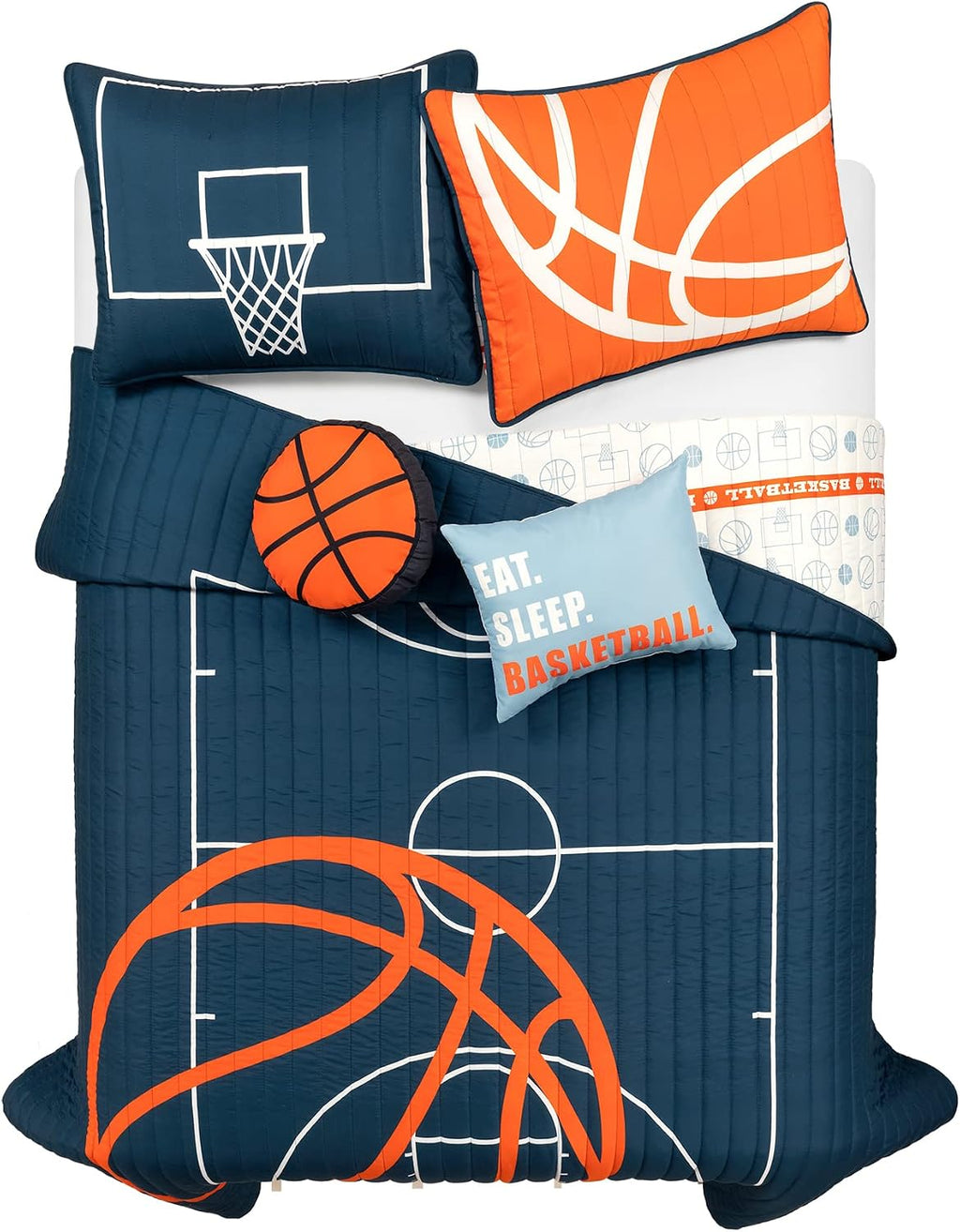 Lush Decor Basketball Game Reversible Quilt Queen Size 5 Piece Set, Full/Queen Navy - Kids Bedding Set - Queen Size Quilt - Sports Décor
