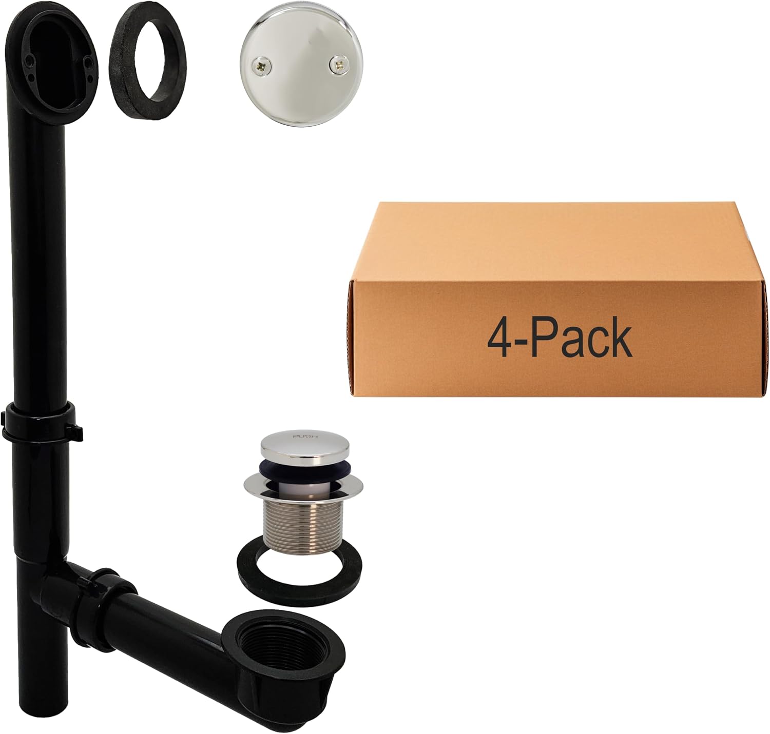 Westbrass 593144-4-05 14' Black Poly Tubular Bathtub Waste & Overflow Assembly with Tip-Toe Drain Plug and 2-Hole Faceplate, Polished Nickel (4-Pack)