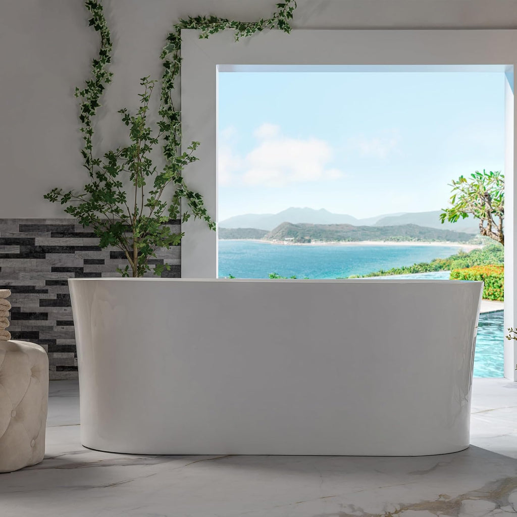 WOODBRIDGE 59' Acrylic Freestanding Bathtub Contemporary Soaking Tub with Matte Black Overflow and Drain,White Tub,B0058-MB