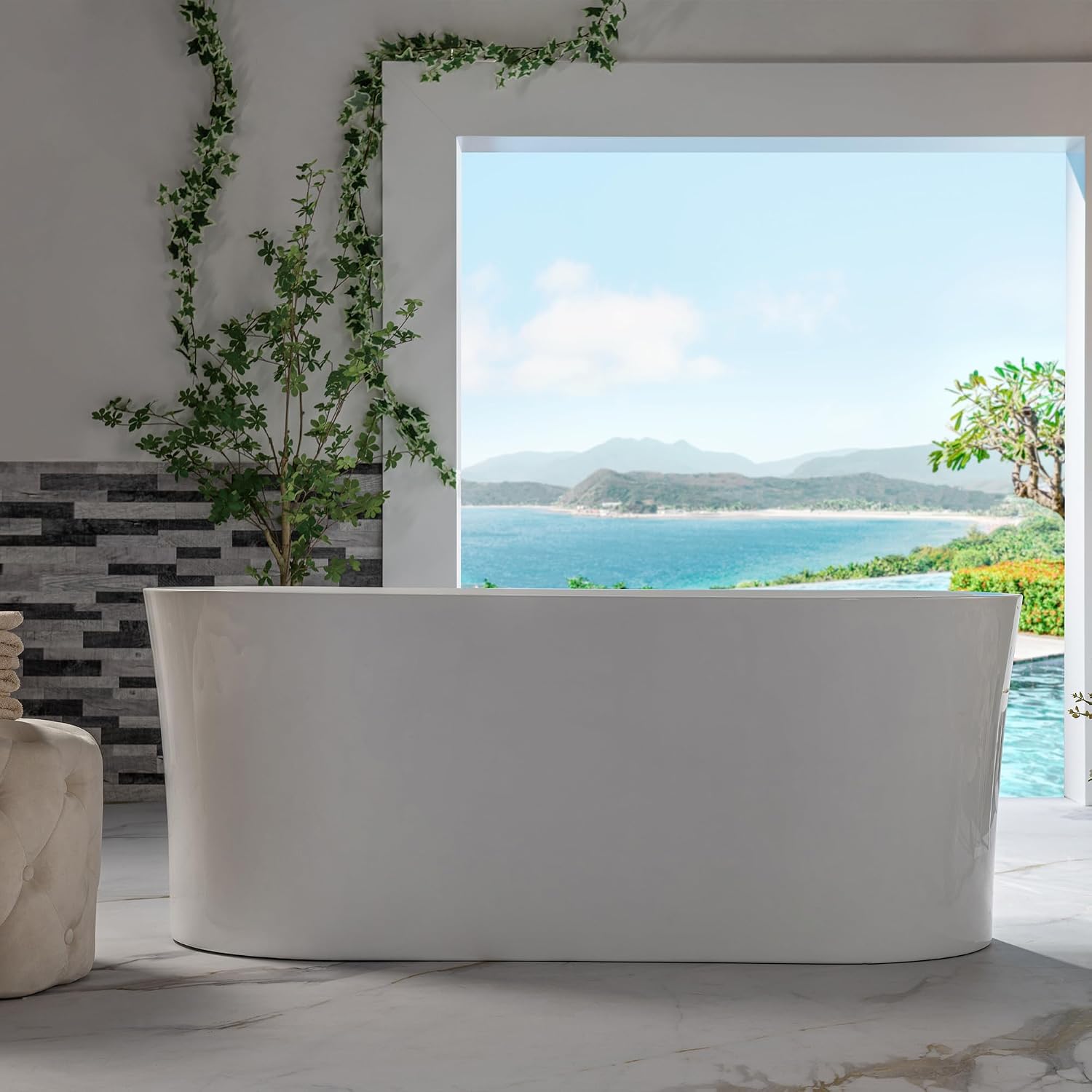 WOODBRIDGE 59' Acrylic Freestanding Bathtub Contemporary Soaking Tub with Matte Black Overflow and Drain,White Tub,B0058-MB