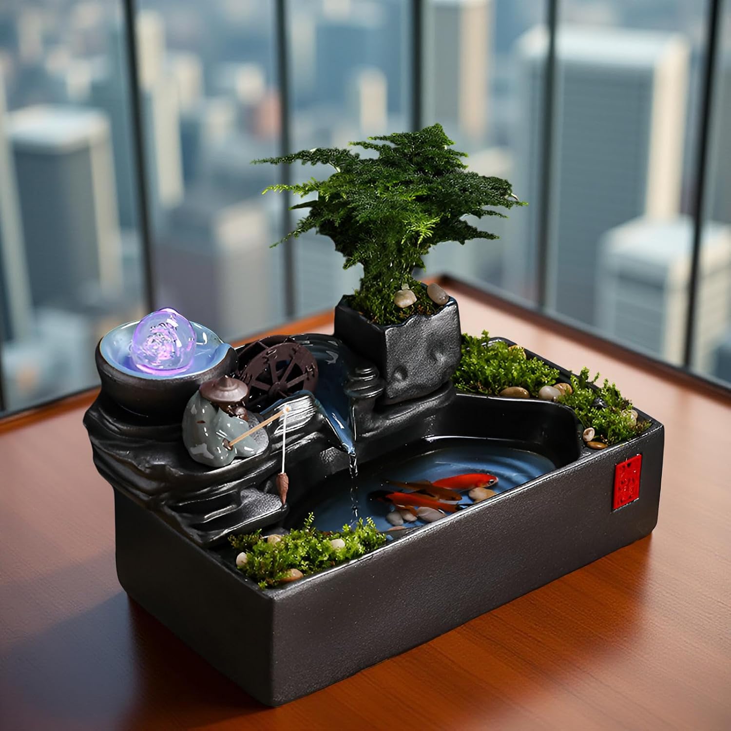 Zen Tabletop Fountain with LED Lights & Mist Maker - Indoor Waterfall Decor with Crystal Stones for Home, Office, Meditation Room - Relaxing Desktop Humidifier Gift (C Style)(C Style+Misting)