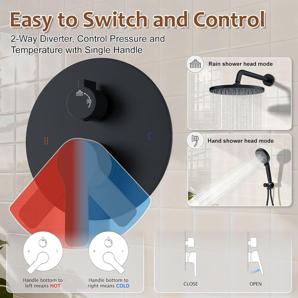 Iriber Mattle Black Round Rain Shower System Faucet Set，Filtered Shower Head with Handheld, Modern Bathroom 9 Spray Mode Showerhead with Filters,Shower Valve Trim Kit Contain Cartridge,10 Inch