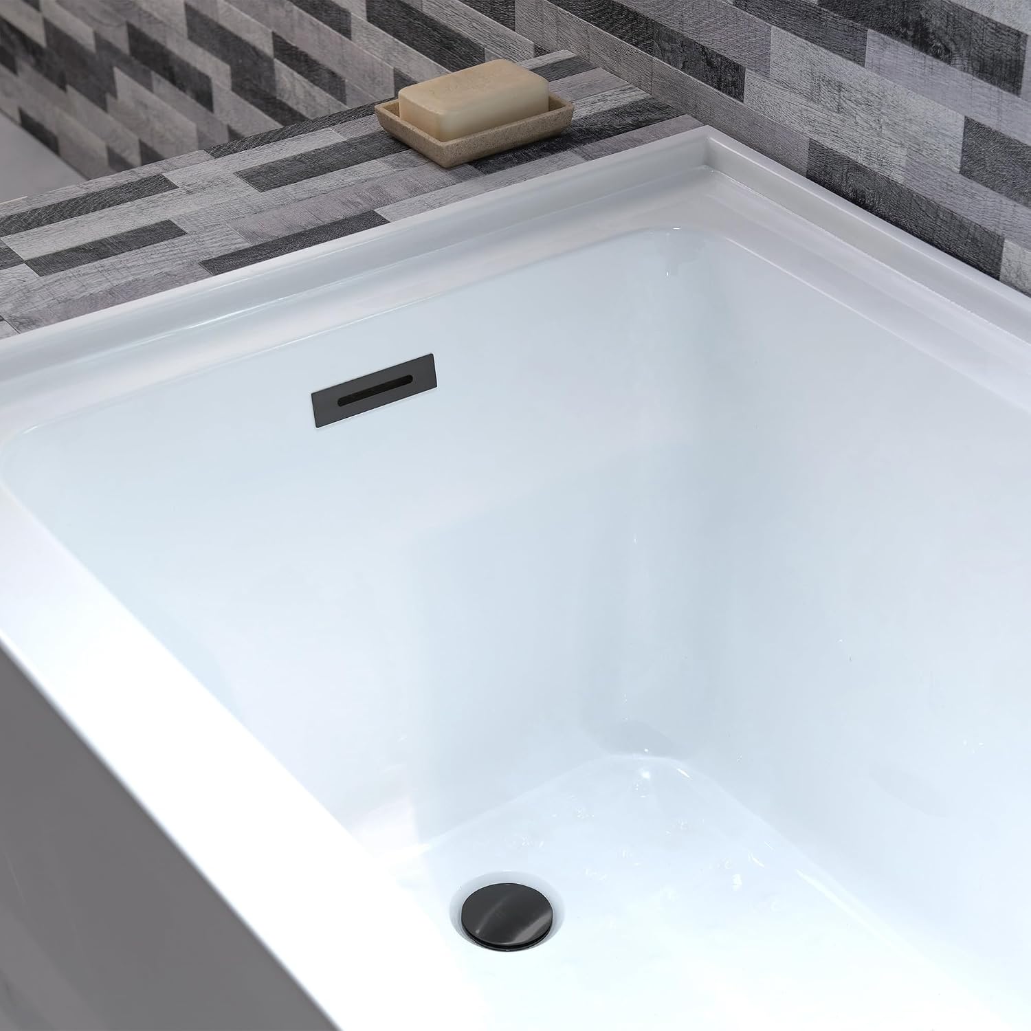 WOODBRIDGE 60' Acrylic Rectangular Alcove Soaking Bathtub in White with Left Drain, Matte Black pop-UP Drain Included BA6030L