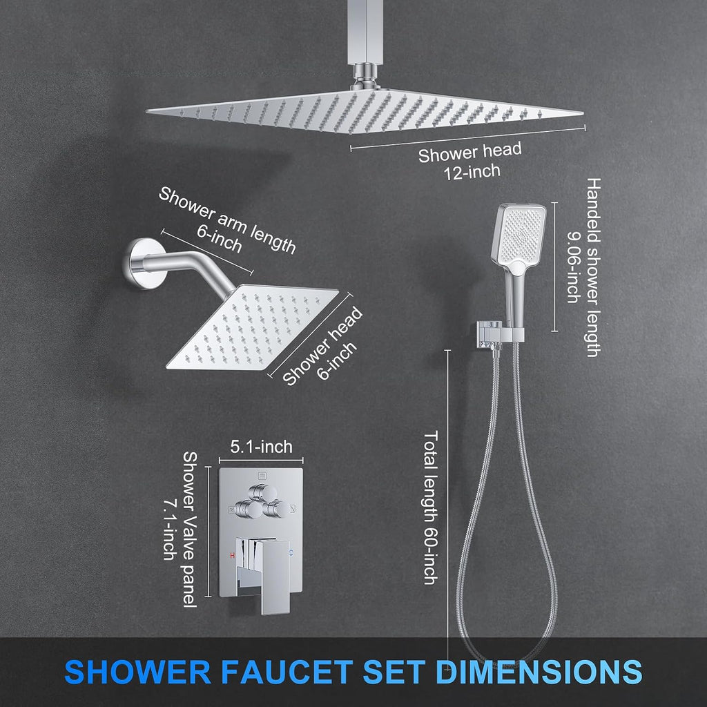 Shower Faucet Set, 12' Ceiling Mount Rainfall Shower System with 2 Rain Shower Head and Multi-function Handheld Head Push Button Diverter Shower Faucet Trim Kit (12', Polished Chrome)