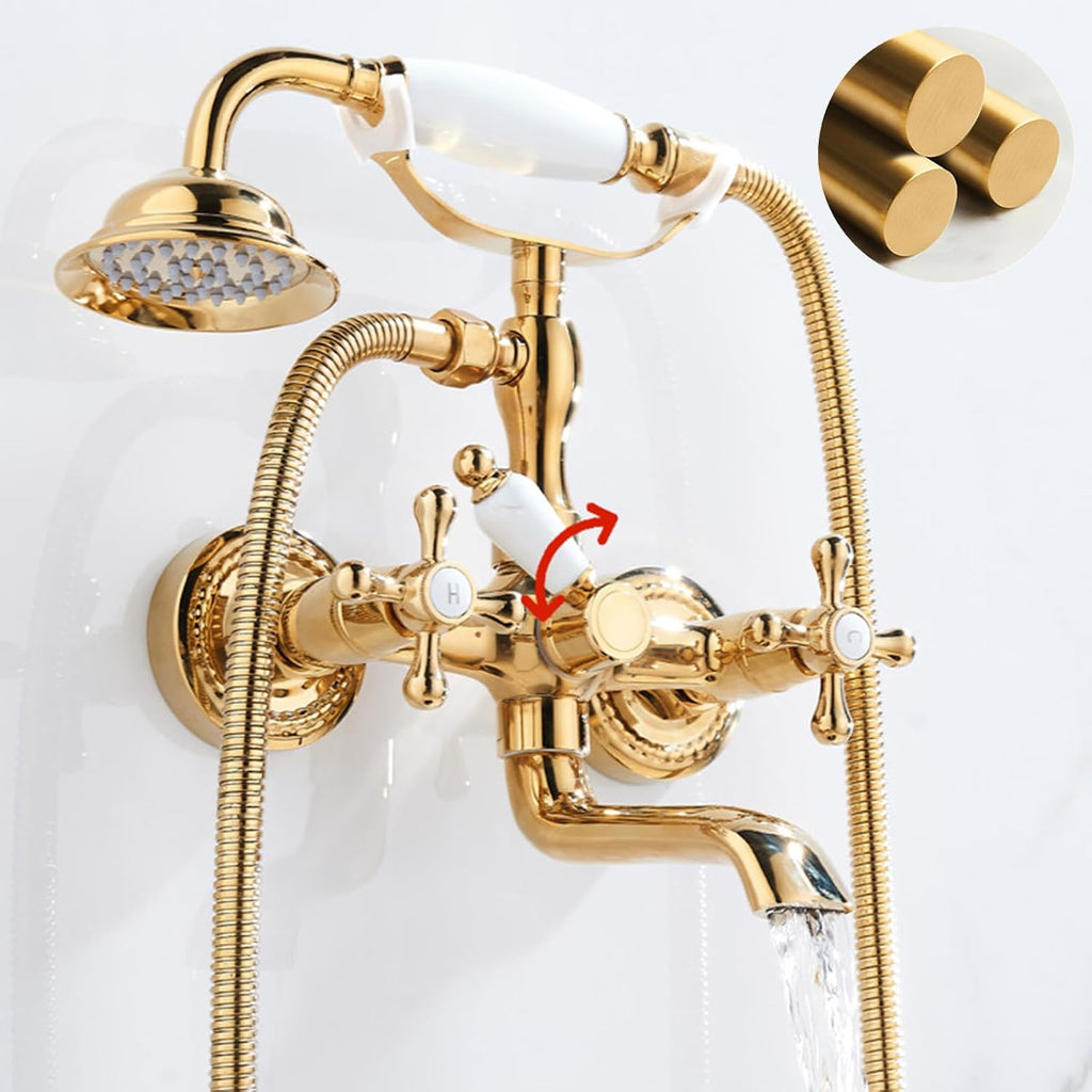 BiaoTeng Vintage Wall Mount Bathtub Faucet Double Cross Handle with 360° Swivel Hot and Cold Brass Bath Tub Faucet Set Antique Chrome