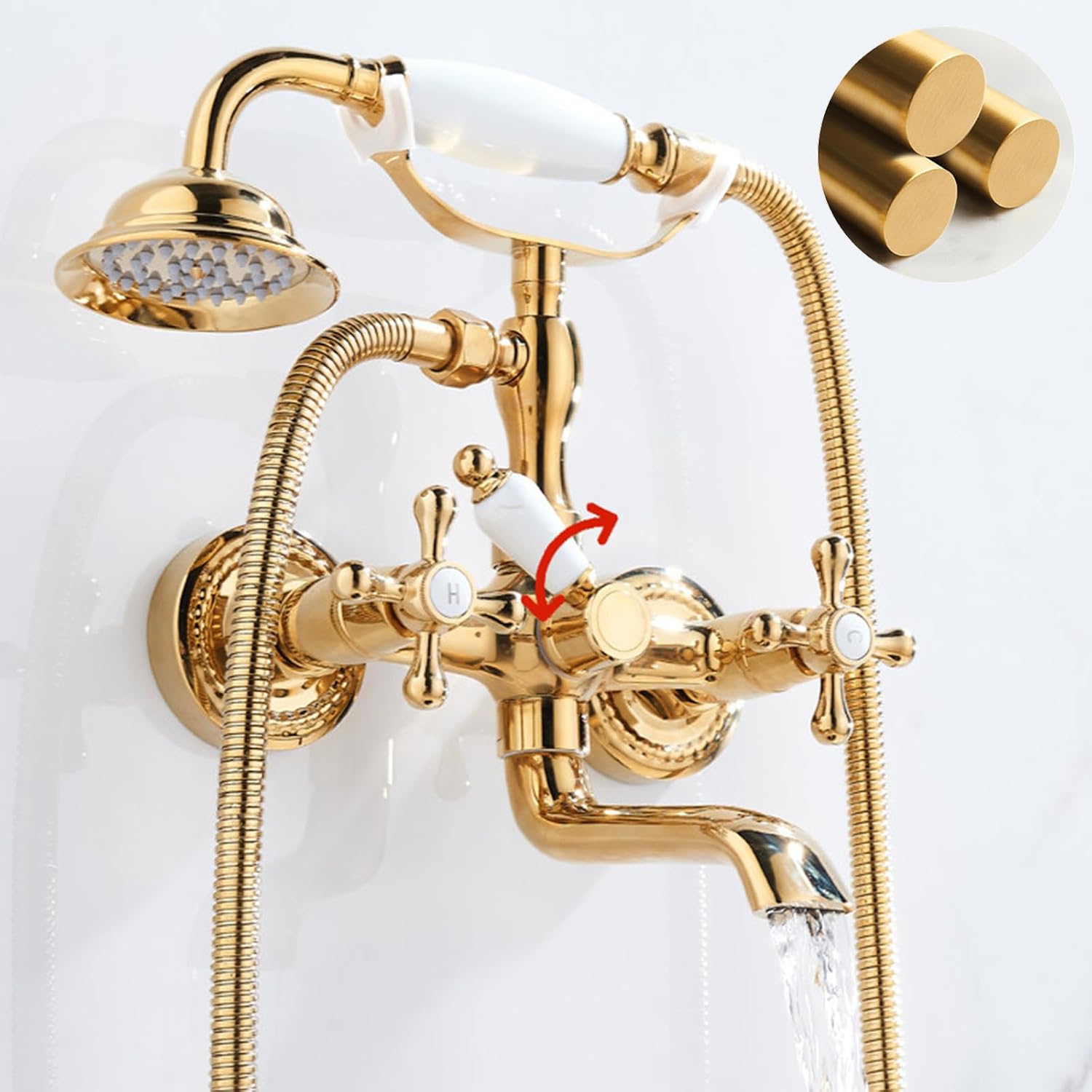 BiaoTeng Vintage Wall Mount Bathtub Faucet Double Cross Handle with 360° Swivel Hot and Cold Brass Bath Tub Faucet Set Antique Chrome