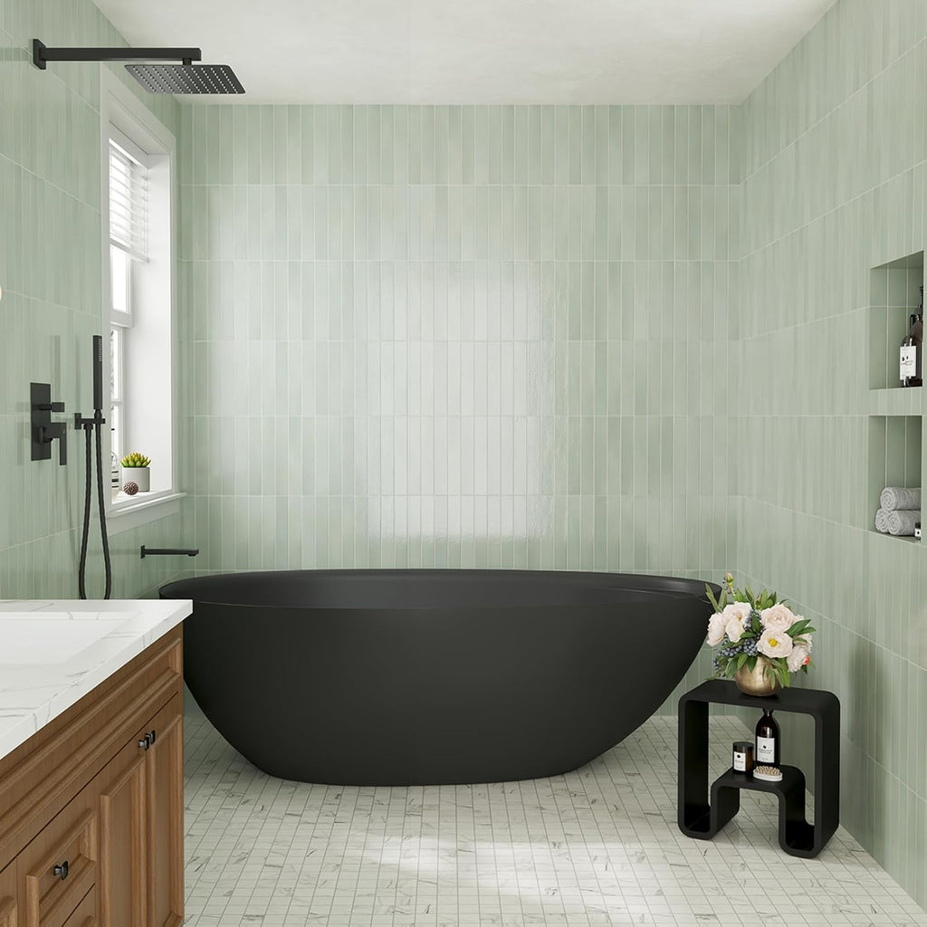 CASAINC 67' Free Standing Tub, Matte Black Stone Resin Freestanding Tub Large Space Solid Surface Soaking Tub with Drain, Drain Hose & Sanding Paper