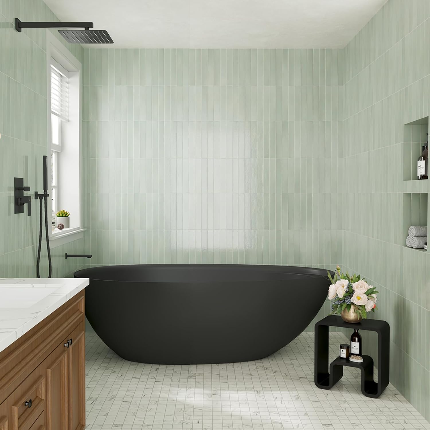 CASAINC 67' Free Standing Tub, Matte Black Stone Resin Freestanding Tub Large Space Solid Surface Soaking Tub with Drain, Drain Hose & Sanding Paper
