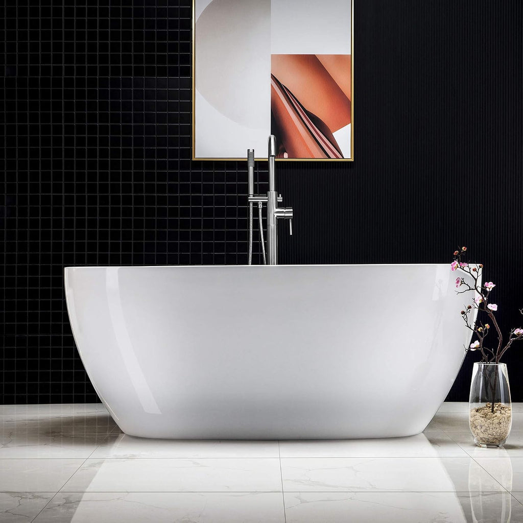 WOODBRIDGE 59' Acrylic Freestanding Bathtub Contemporary Soaking Tub, White Acrylic (Chrome Drain/Overflow),BTA1518 -C-Drain &O