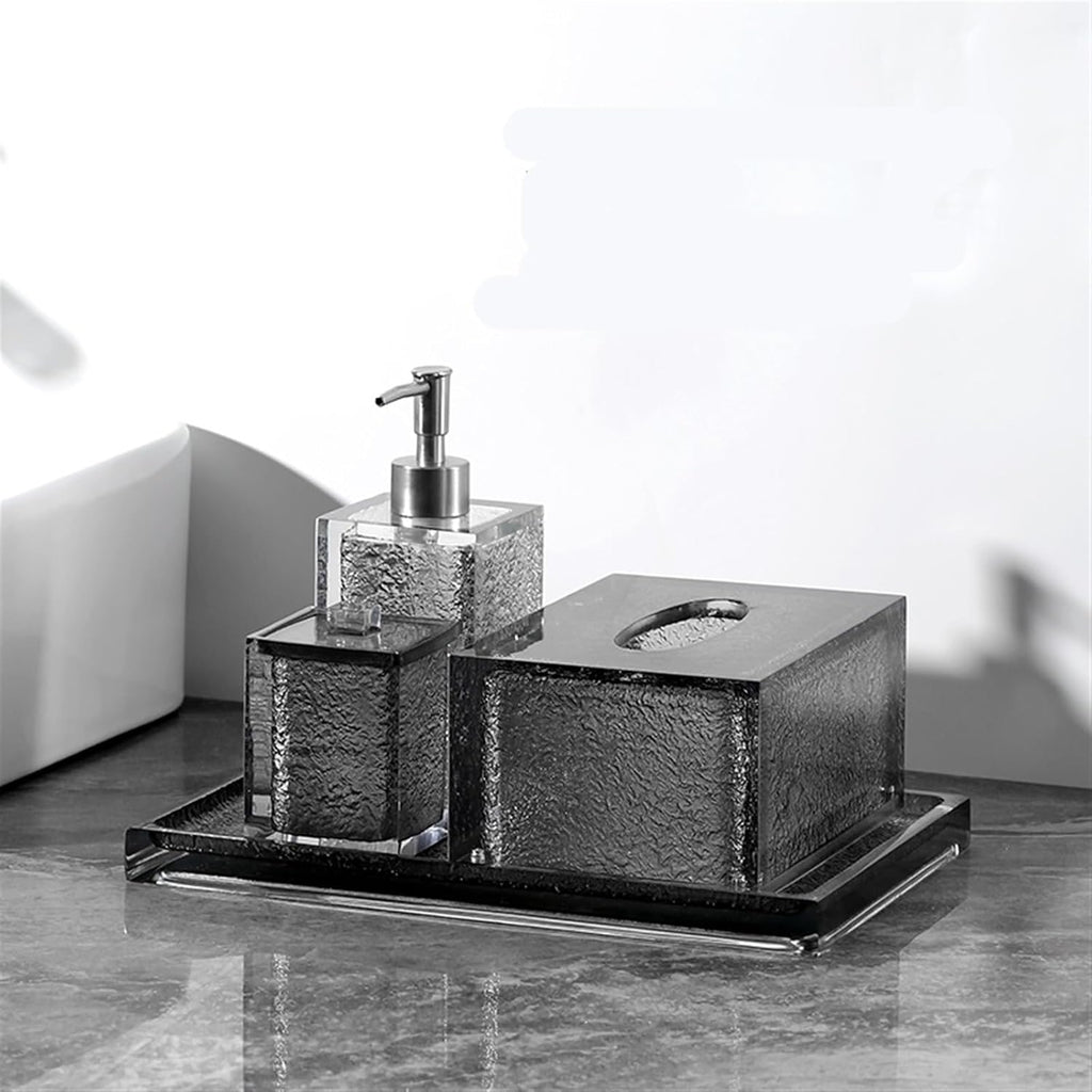 Soap Dispenser Black Translucent Resin Bathroom Accessory Set, 4 Pieces Bathroom Accessories Complete Set Vanity Countertop Accessory Set, Includes Soap Dispenser, Cup, Tissue Box and Tray Soap Dispen