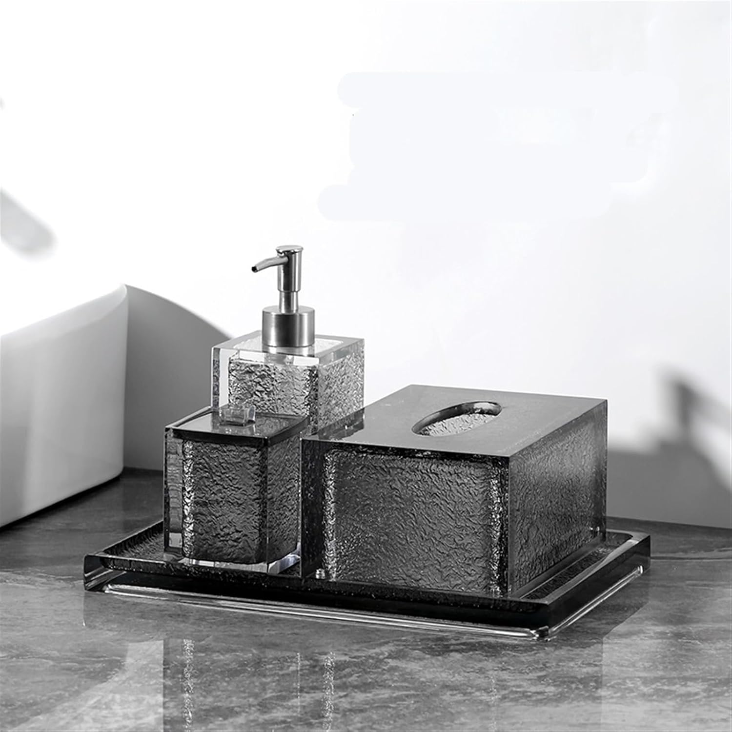Soap Dispenser Black Translucent Resin Bathroom Accessory Set, 4 Pieces Bathroom Accessories Complete Set Vanity Countertop Accessory Set, Includes Soap Dispenser, Cup, Tissue Box and Tray Soap Dispen