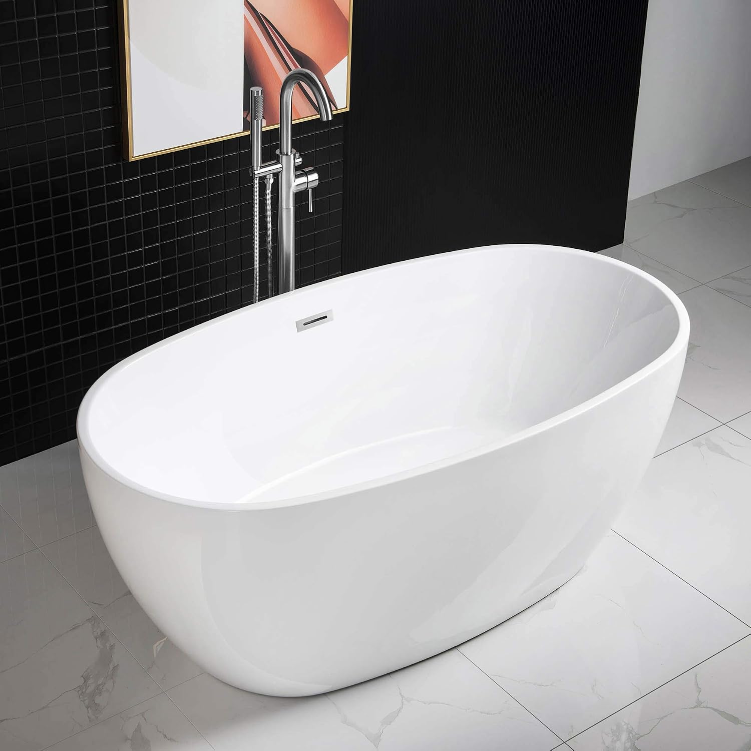 WOODBRIDGE 59' Acrylic Freestanding Bathtub Contemporary Soaking Tub, White Acrylic (Chrome Drain/Overflow),BTA1518 -C-Drain &O