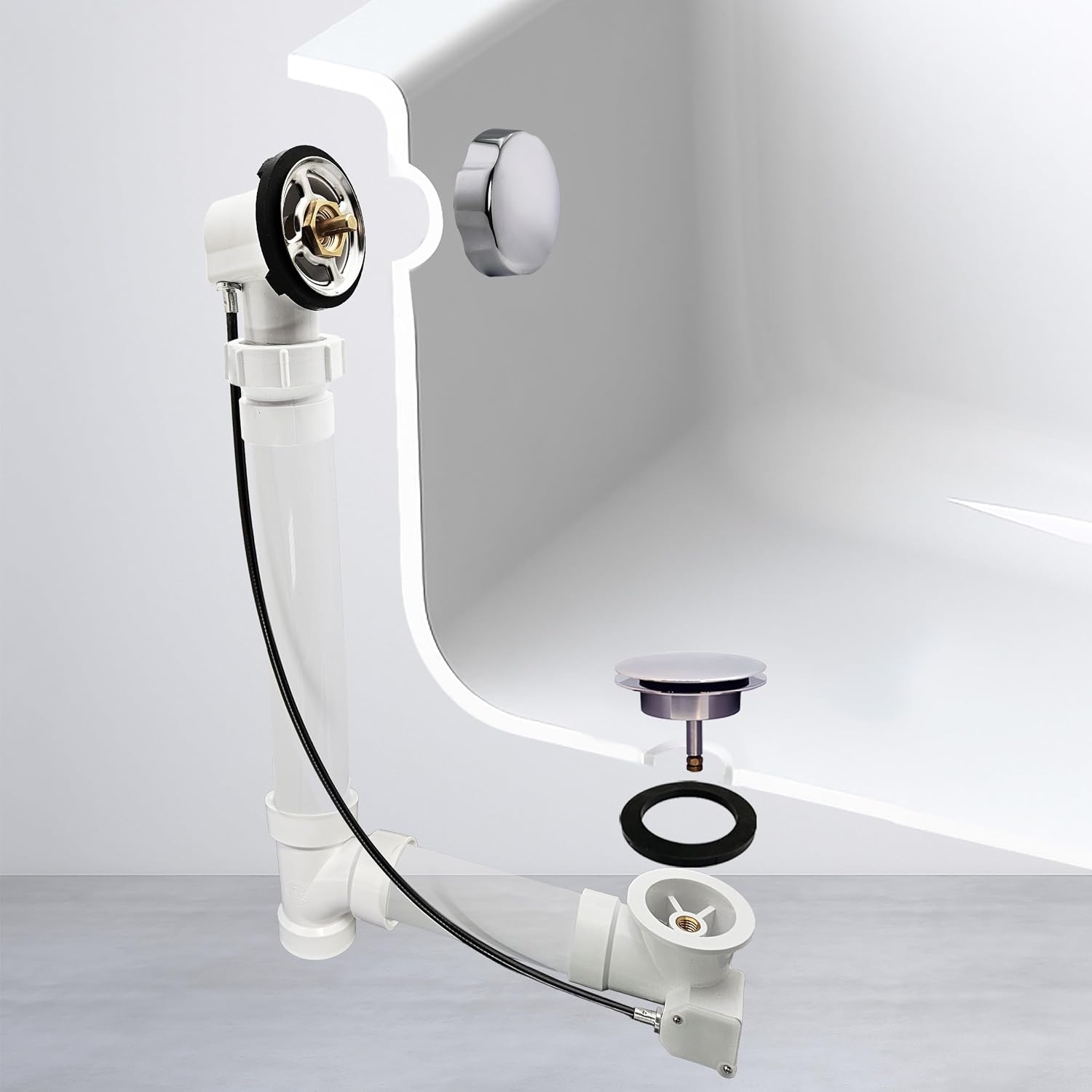 Westbrass A50P35BJ-26 1-1/2' Sch. 40 PVC 35' Cable Driven Bath Waste Kit with Ball Joint Head and Brass Trim Drain Kit, Polished Chrome