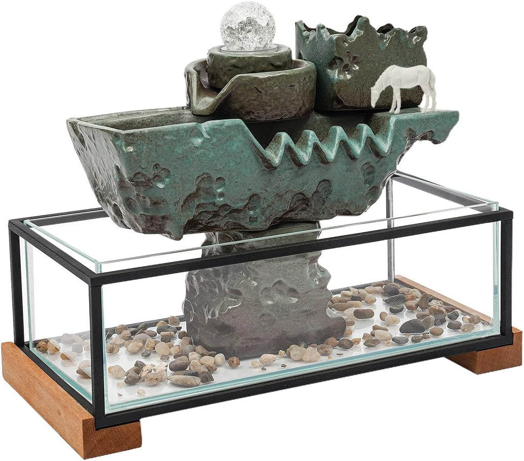 Tabletop Eco Fish Tank Water Fountains, Indoor Waterfall Decoration with Mist, Crystal Ball for Meditation, Desk Fountain with Pump & Colorful LED Atomizer for Feng Shui Wealth Boom