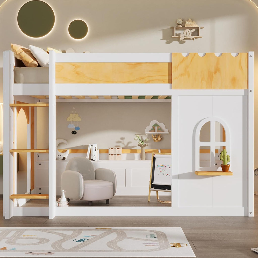 MERITLINE Twin Over Twin Bunk Bed with Storage Shelves,Window,and Doors,Solid Wood Floor House Bunk Bed with Storage, Ladder and Guardrails for Teens Adults