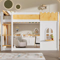 MERITLINE Twin Over Twin Bunk Bed with Storage Shelves,Window,and Doors,Solid Wood Floor House Bunk Bed with Storage, Ladder and Guardrails for Teens Adults