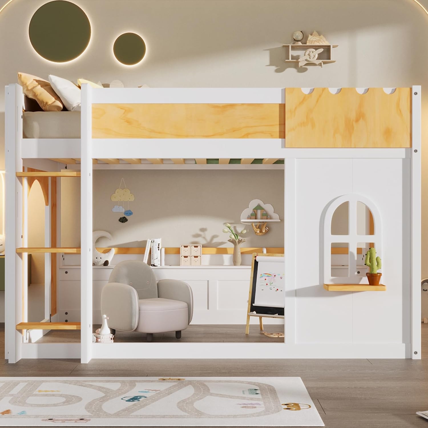MERITLINE Twin Over Twin Bunk Bed with Storage Shelves,Window,and Doors,Solid Wood Floor House Bunk Bed with Storage, Ladder and Guardrails for Teens Adults