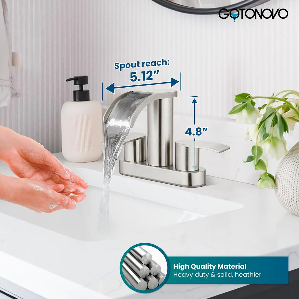 gotonovo Single-Handle Shower Faucet Set Shower Valve and Trim Kit with gotonovo 4 Inch Centerset Waterfall Bathroom Sink Faucet Deck Mount 2 Handle with Pop Up Drain Brushed Nickel
