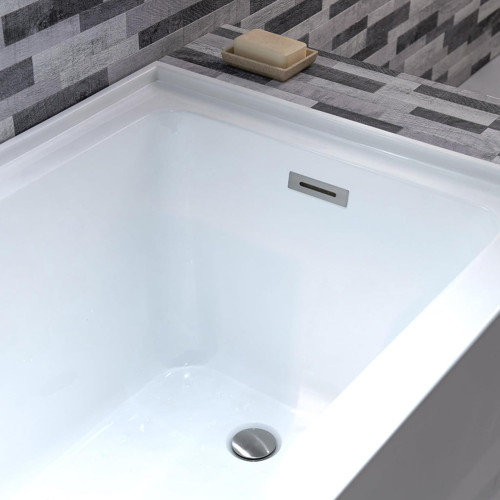 WOODBRIDGE 60' Acrylic Rectangular Alcove Soaking Bathtub in White with Right Drain, Brushed Nickel Pop-Up Drain Included BA6030R