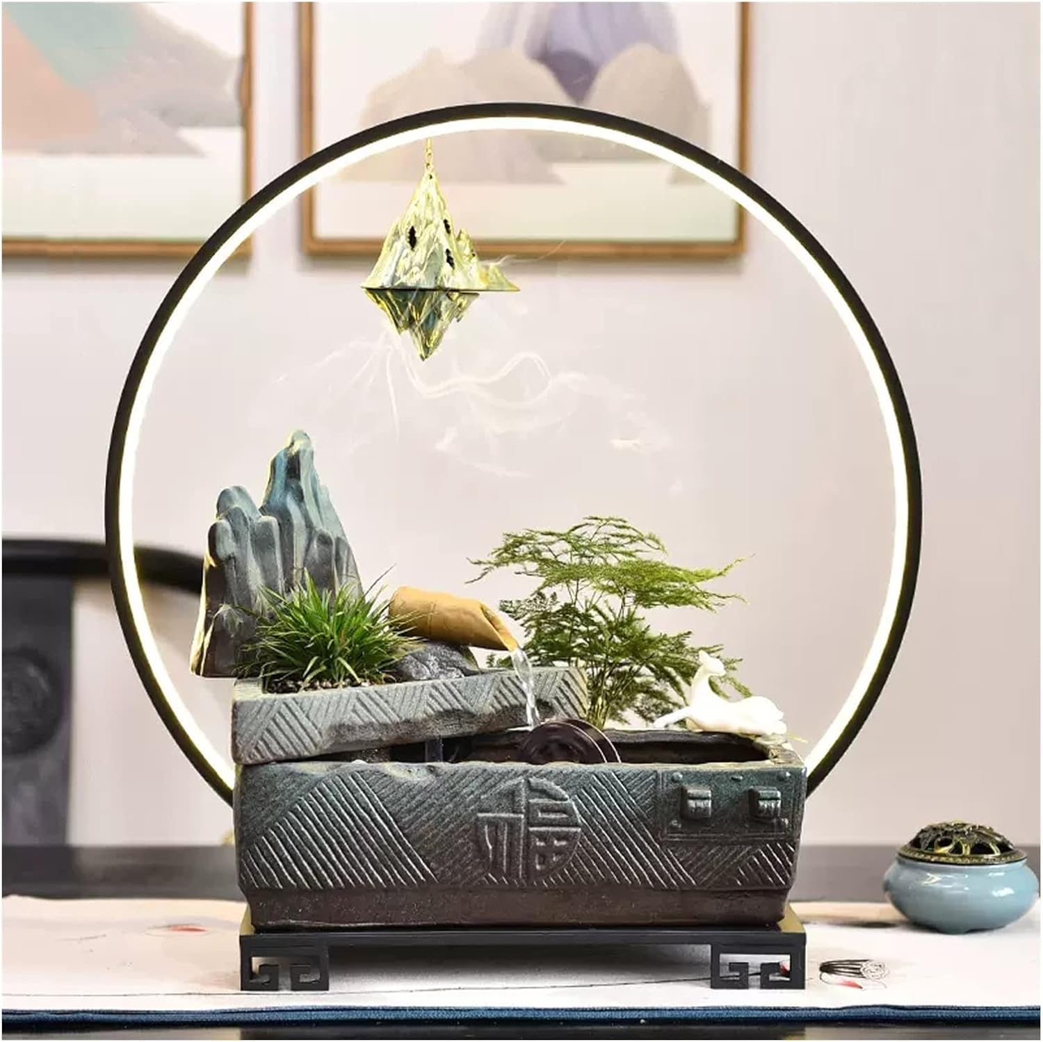 Tabletop Water Fountain Indoor Fountain Ceramics Tabletop Fountain with LED Lights Zen Waterfall Fountains Relaxation Water Feature Meditation Desktop Fountain for Home Office Decor Indoor Fountain