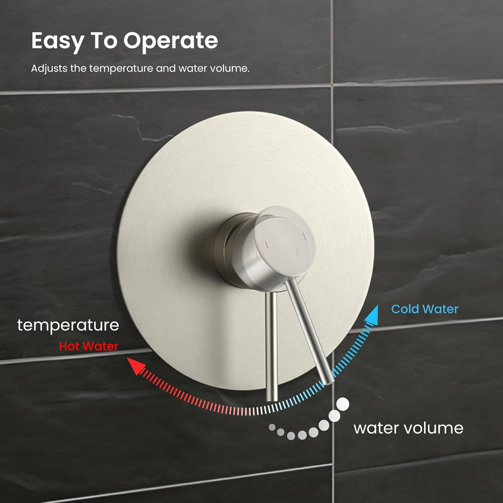 KIBI Circular Shower System for Bathroom | Wall Mounted Single Function Shower Faucet Set with Solid Brass Pressure-Balanced Valve for Consistent Water Flow | Brushed Nickel, KSF407