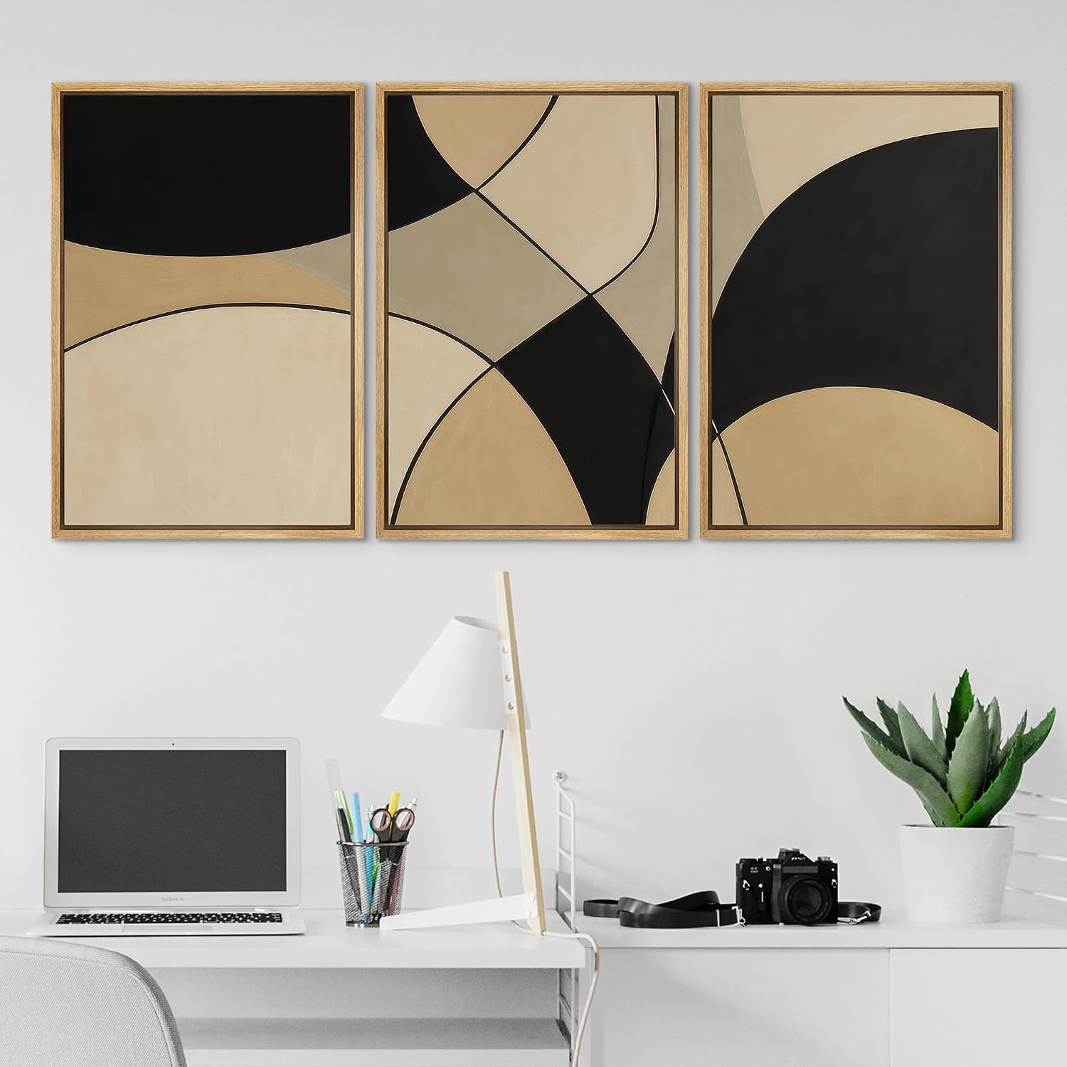 SIGNLEADER Framed Canvas Print Wall Art Set Modern Black Beige Geometric Arc Abstract Illustrations Modern Art Boho Decorative for Living Room, Bedroom, Office - 16'x24'x3 NATURAL