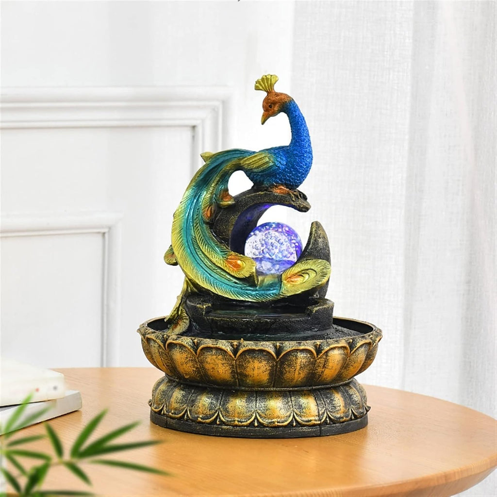 HIHELO Tabletop Fountain Creative Peacock-Shaped Fountain Home Feng Shui Ball Desktop Fountain Dining Table Office Desktop Running Water Ornaments Indoor Fountain