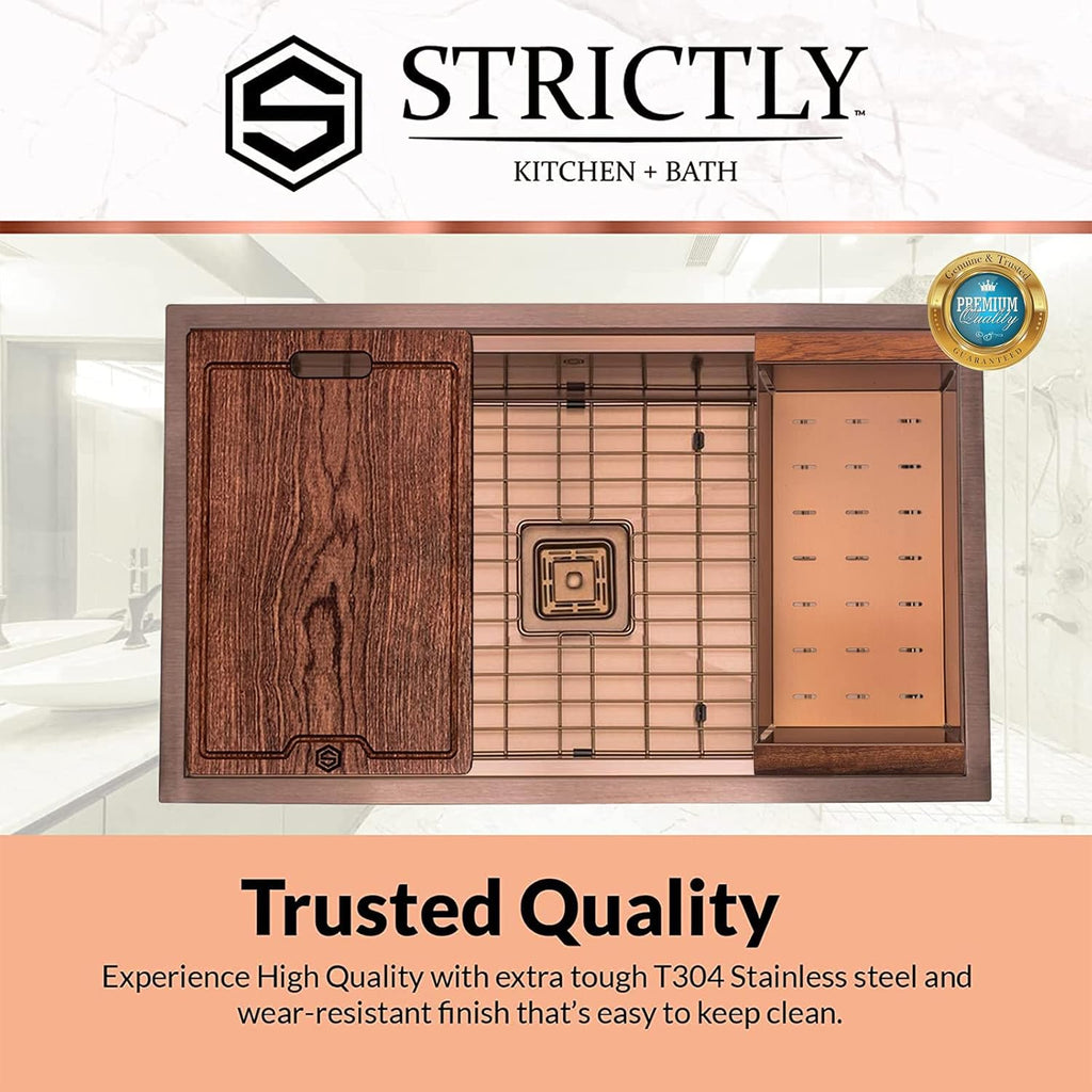 Strictly Sinks Undermount Workstation Copper Kitchen Sink –32 Inch 16 Gauge Single Bowl Kitchen Sink with Bottom Grid, Wooden Cutting Board, Colander, 1 Garbage Disposal Adapter, & 1 Strainer Drain