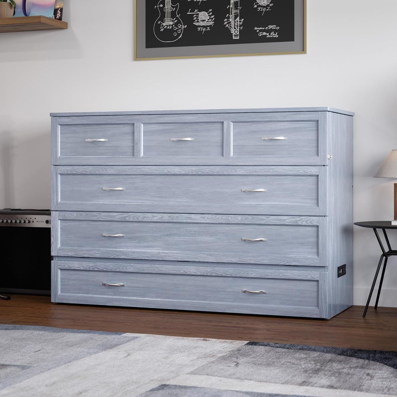 AFI, Northfield Murphy Bed Chest Queen with 6' Mattress, Storage Drawer & Built-in USB Charger, Driftwood