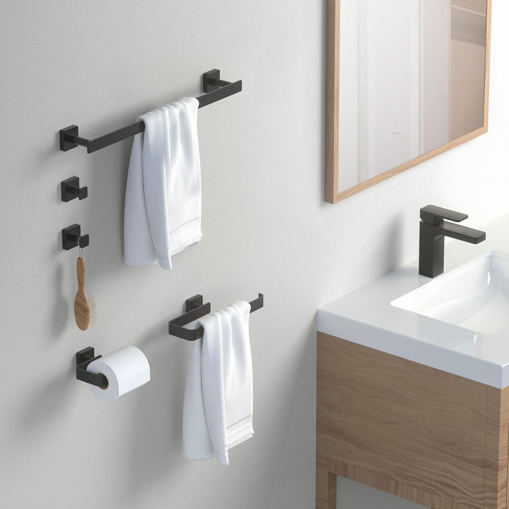 Kibi Blaze 5-Piece Bathroom Hardware Set – Includes 19 -Inch Hand Towel Bar and Holder, Toilet Paper Holder, Robe Hook – Wall Mounted, Solid Brass, Modern Bath Accessories (Matte Black, KBA16-5-1)