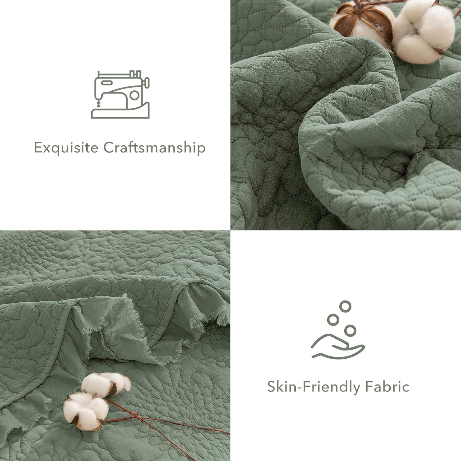 QSH 3PCs Stonewashed Cotton Quilt King (110'x98'),Olive Green Ruffle Quilt King Size Bedding Set,Ultra Lightweight Soft Crinkled Bedspread Coverlet King Shabby Farmhouse Chic Bedding for All Seasons