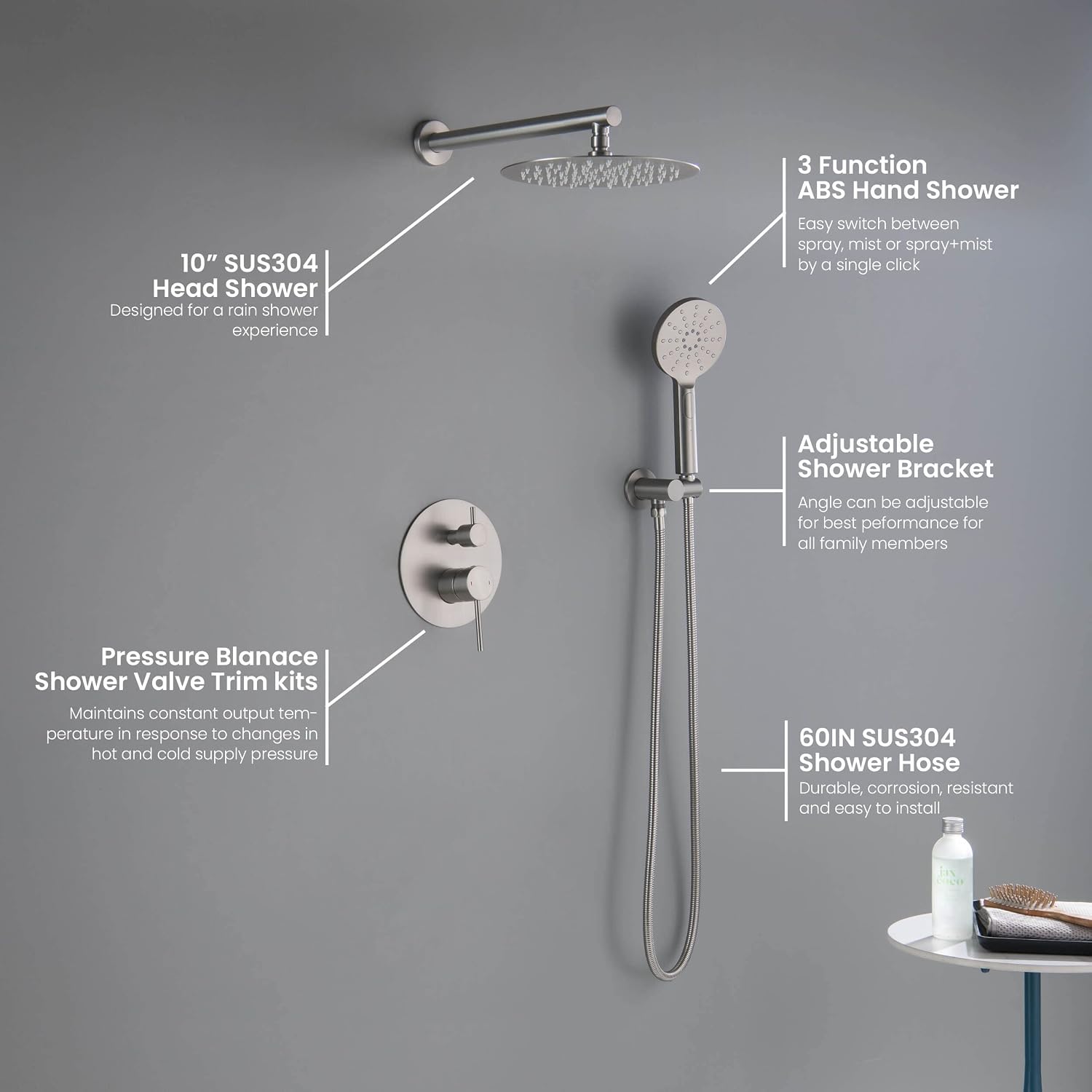 KIBI Circular Bathroom Shower System | 2-Function Wall Mounted Shower Faucet Set | Solid Brass Pressure Balanced Valve Construction | Durable and Leak-Free | Brushed Nickel Finish, KSF403